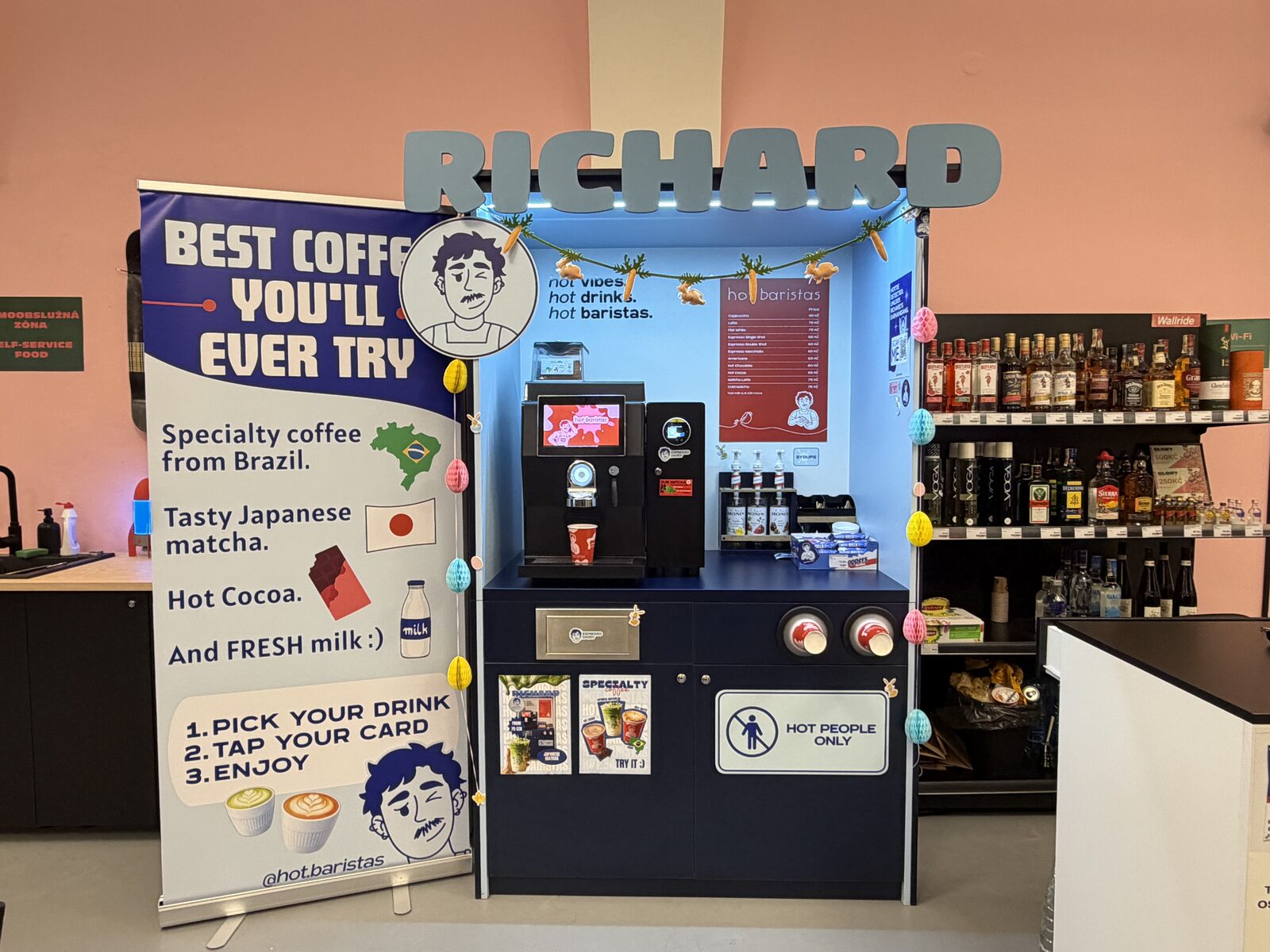 Wide view of Hot Baristas Richard station — full station footprint